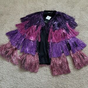 NASTY GAL Metallic Tiered Tinsel Fringe Open Front Jacket Sz 2